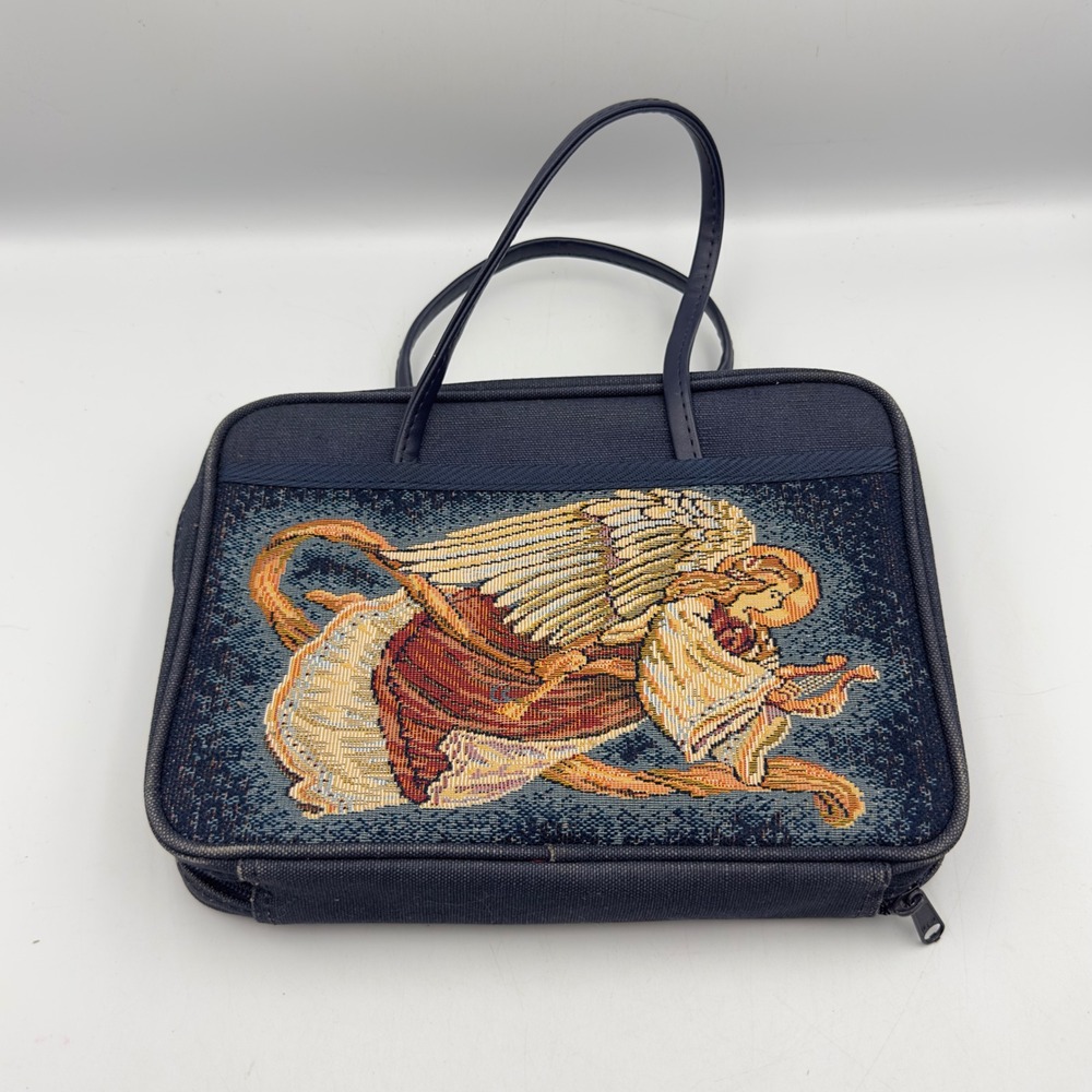 Vintage Woven Angel Tapestry Bible Cover Organizer Case Navy Blue Zip Around